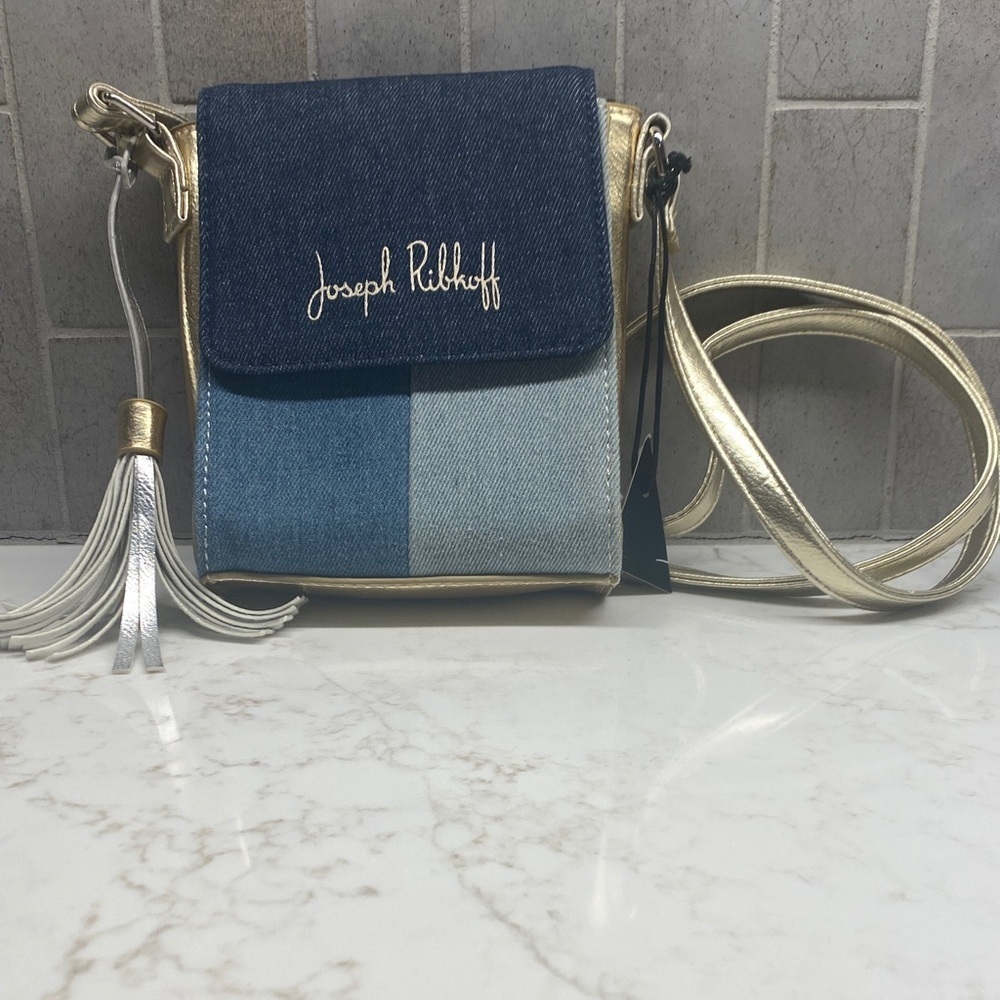 Joseph Ribkoff Denim Gold Tassel Crossbody Colorblock Mini Bag NWT